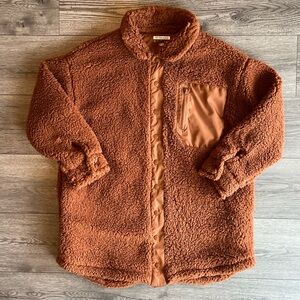 Forever 21 Women’s Sherpa Snap Up Winter Coat Soft Fuzzy Chestnut Brown Small